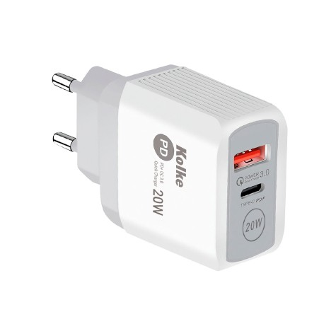 ADAPTADOR DE CORRIENTE FAST KOLKE USB-C 20W/USB-A 3A KCR-2576